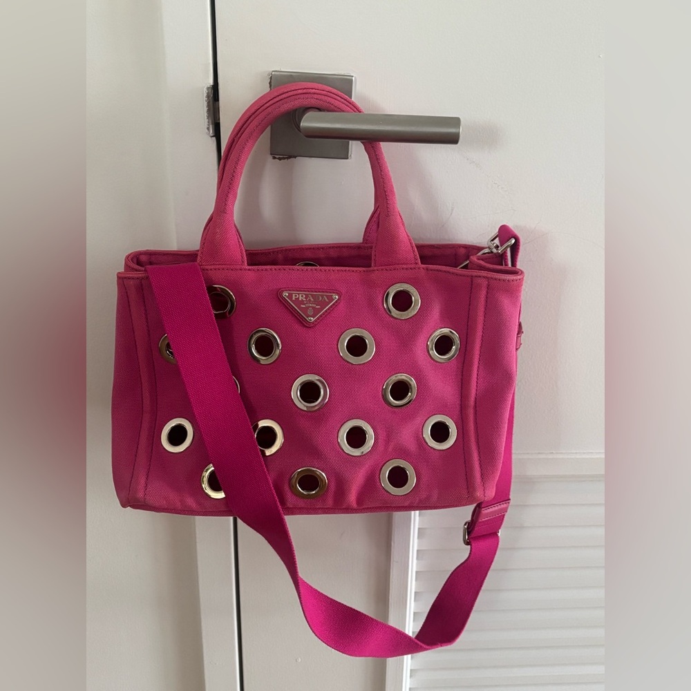 Prada Pink Canapa Canvas Satchel Tote with Silver Grommets and Crossbody Strap
